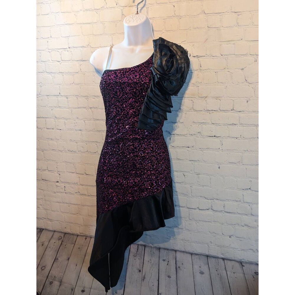 Hand Crafted Pink and Black One-Shoulder Sequin Dance Dress